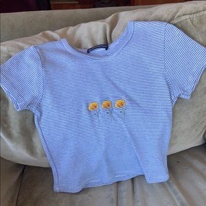 Brandy Melville crop top, blue and white striped with yellow flowers, one size